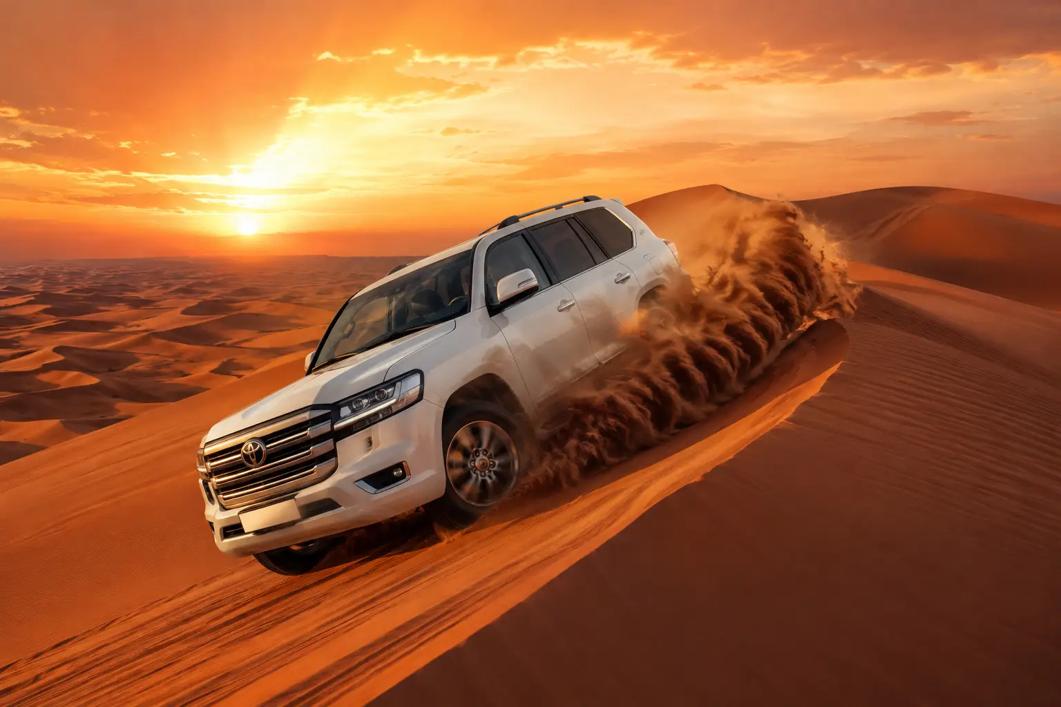 Desert sand bashing Dubai SUV climbing golden dunes at sunset