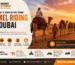 Camel riding Dubai infographic showing traditional desert camel caravan at sunset